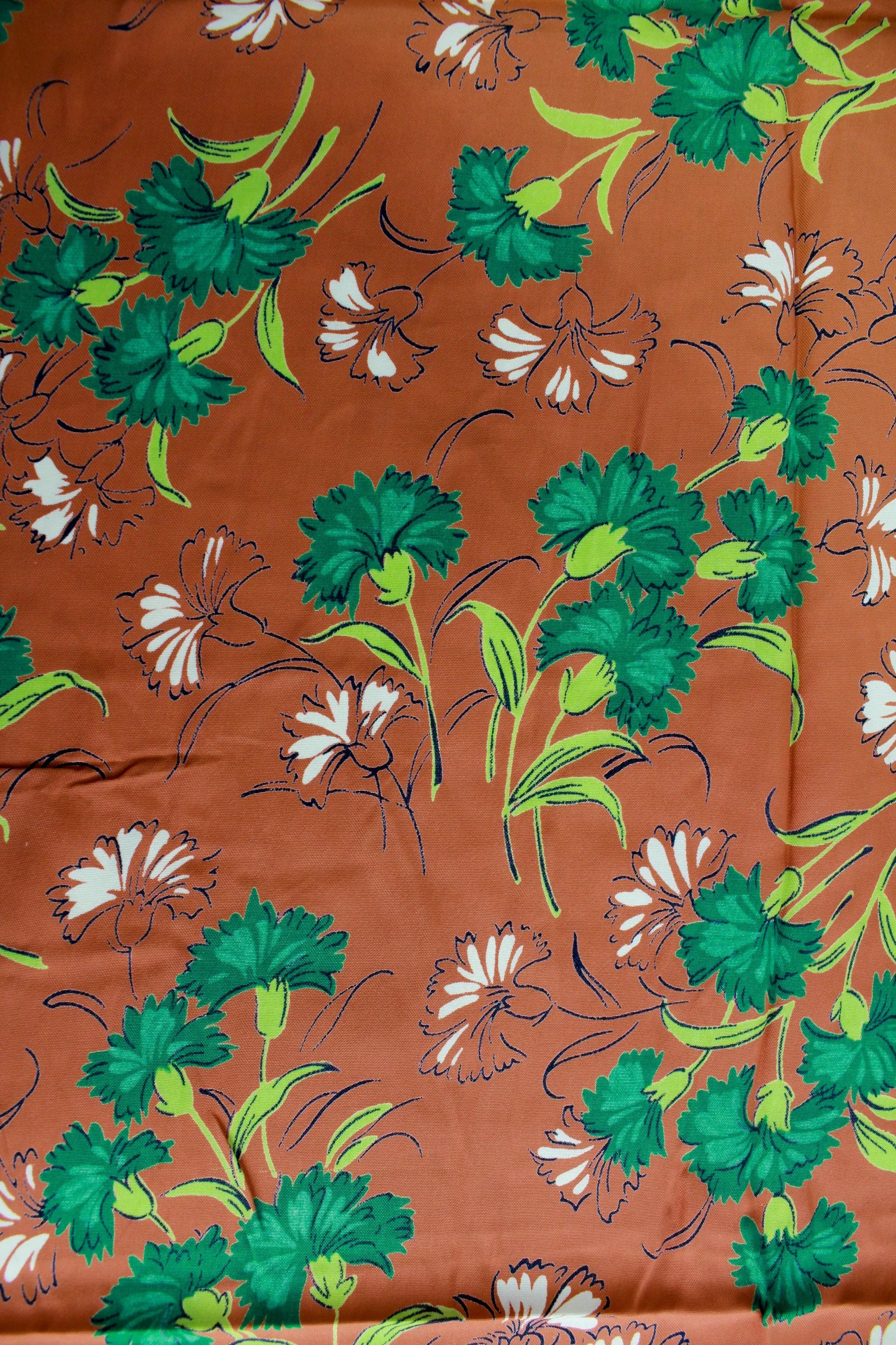 1940s Rust and Green Floral Print Rayon Fabric, 2.5 Yards