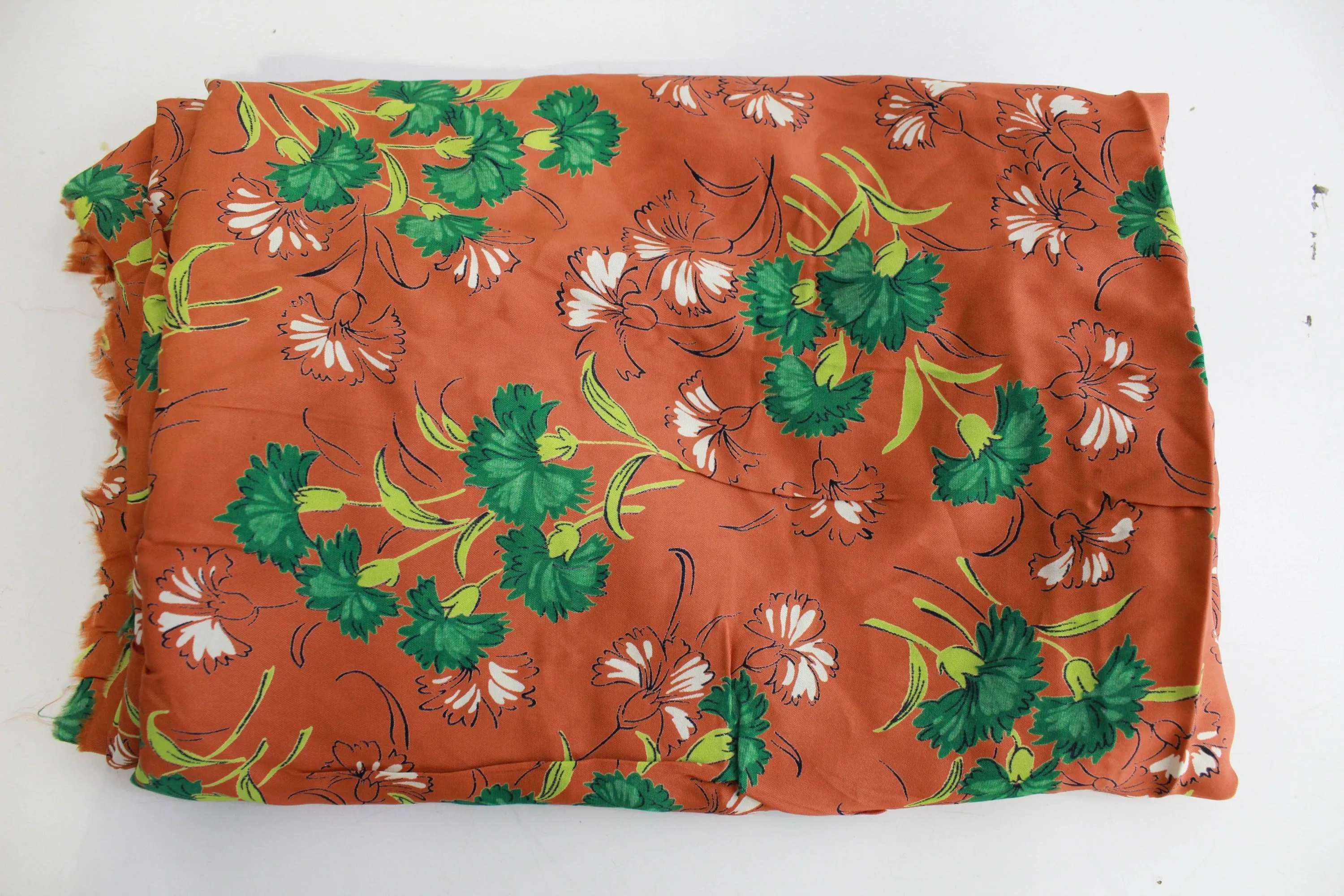 1940s Rust and Green Floral Print Rayon Fabric, 2.5 Yards