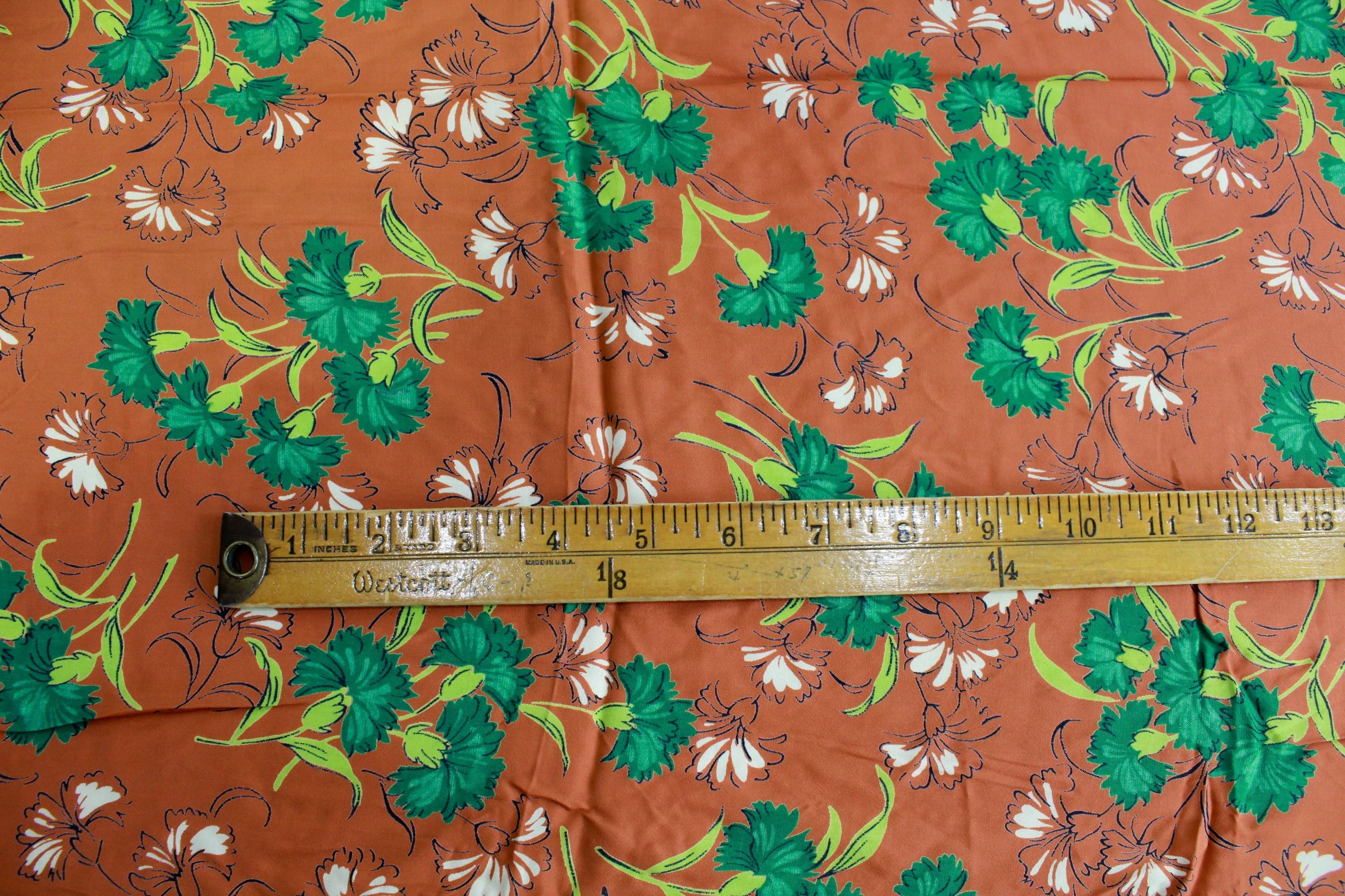 1940s Rust and Green Floral Print Rayon Fabric, 2.5 Yards