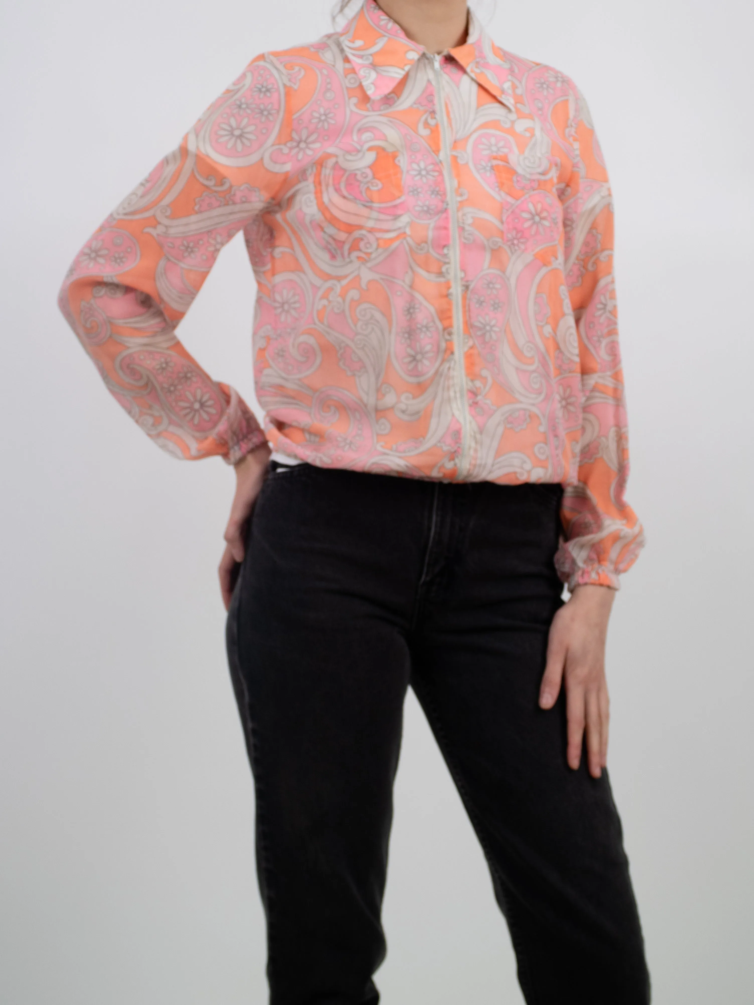 1960s Lightweight Cotton Mod Orange and Pink Floral Front-zip Jacket