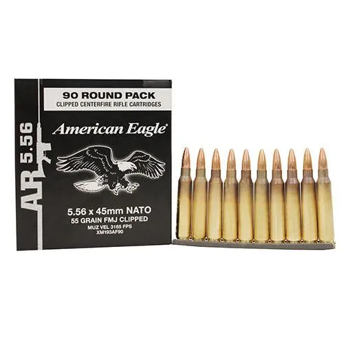 5.56x45mm NATO - American Eagle, 55 Grains, Full Metal Jacket Boat Tail, Per 90 (Stripper Clip)