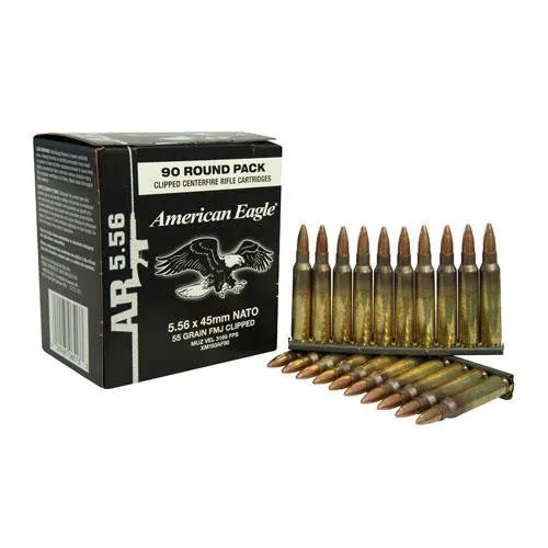 5.56x45mm NATO - American Eagle, 55 Grains, Full Metal Jacket Boat Tail, Per 90 (Stripper Clip)