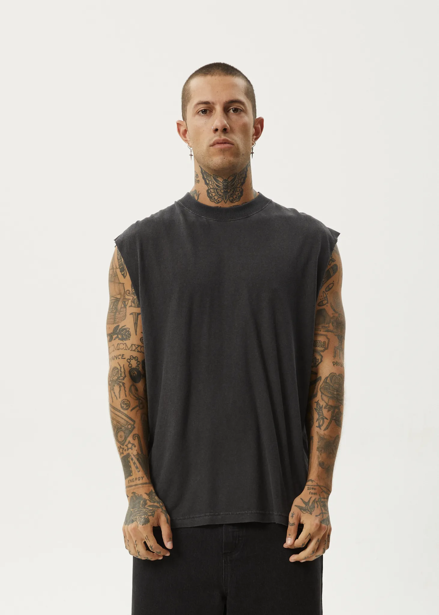 AFENDS Mens Vacation - Sleeveless Tee - Stone Black