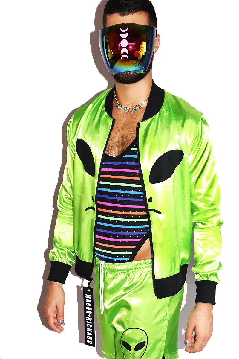 Alien Satin Bomber Jacket- Neon Green