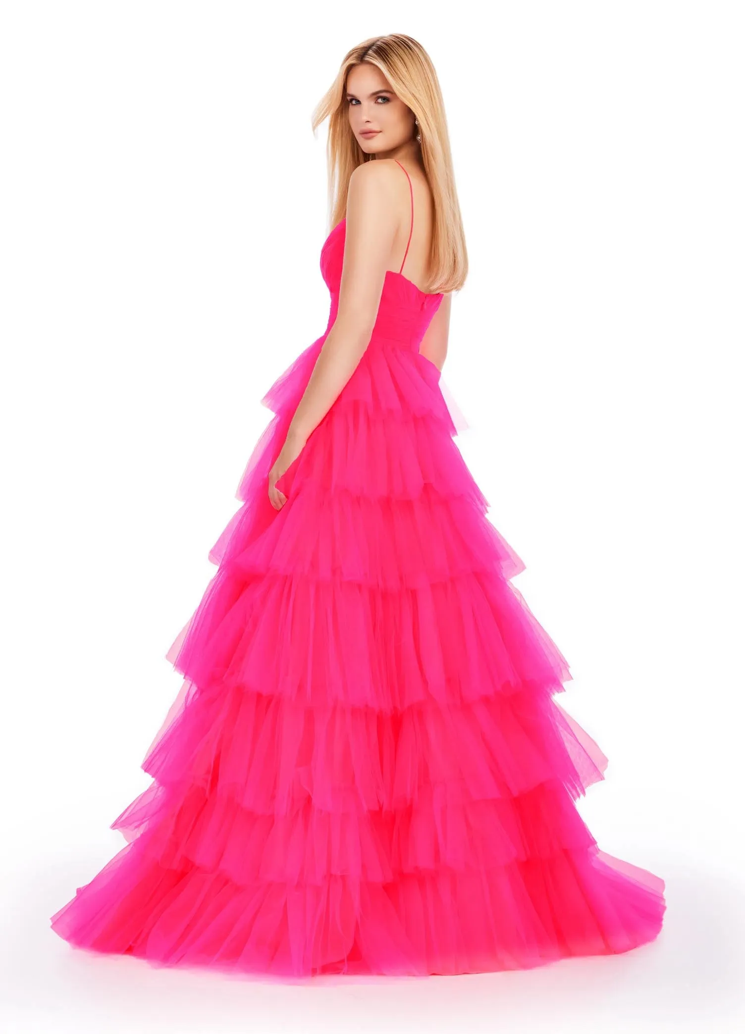 Ashley Lauren 11622 Long Layered Tulle A Line Prom Dress Formal Ballgown V Neck Formal Pageant