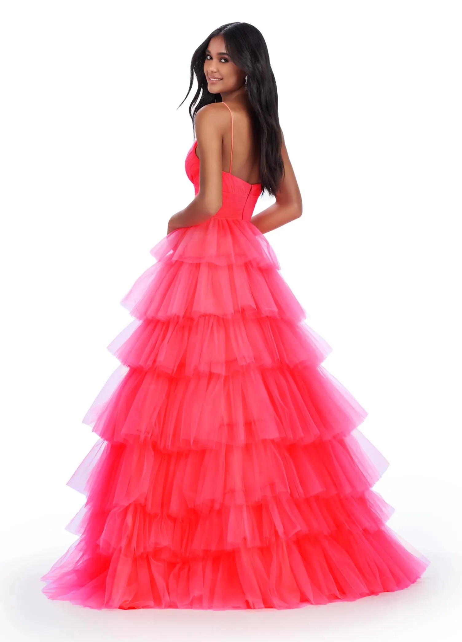 Ashley Lauren 11622 Long Layered Tulle A Line Prom Dress Formal Ballgown V Neck Formal Pageant