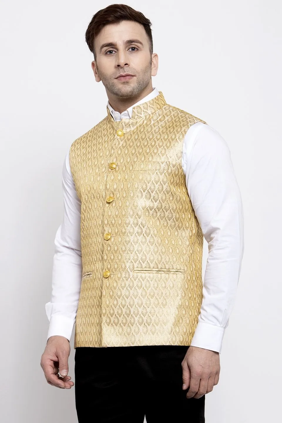 Banarasi Rayon Cotton Beige Modi Nehru Jacket