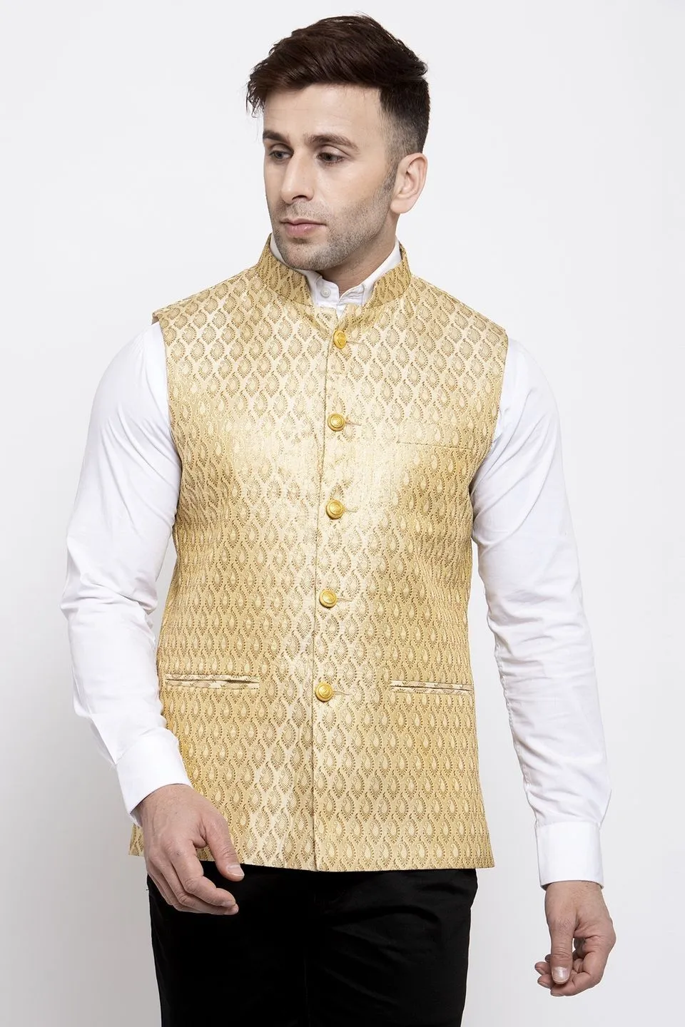 Banarasi Rayon Cotton Beige Modi Nehru Jacket