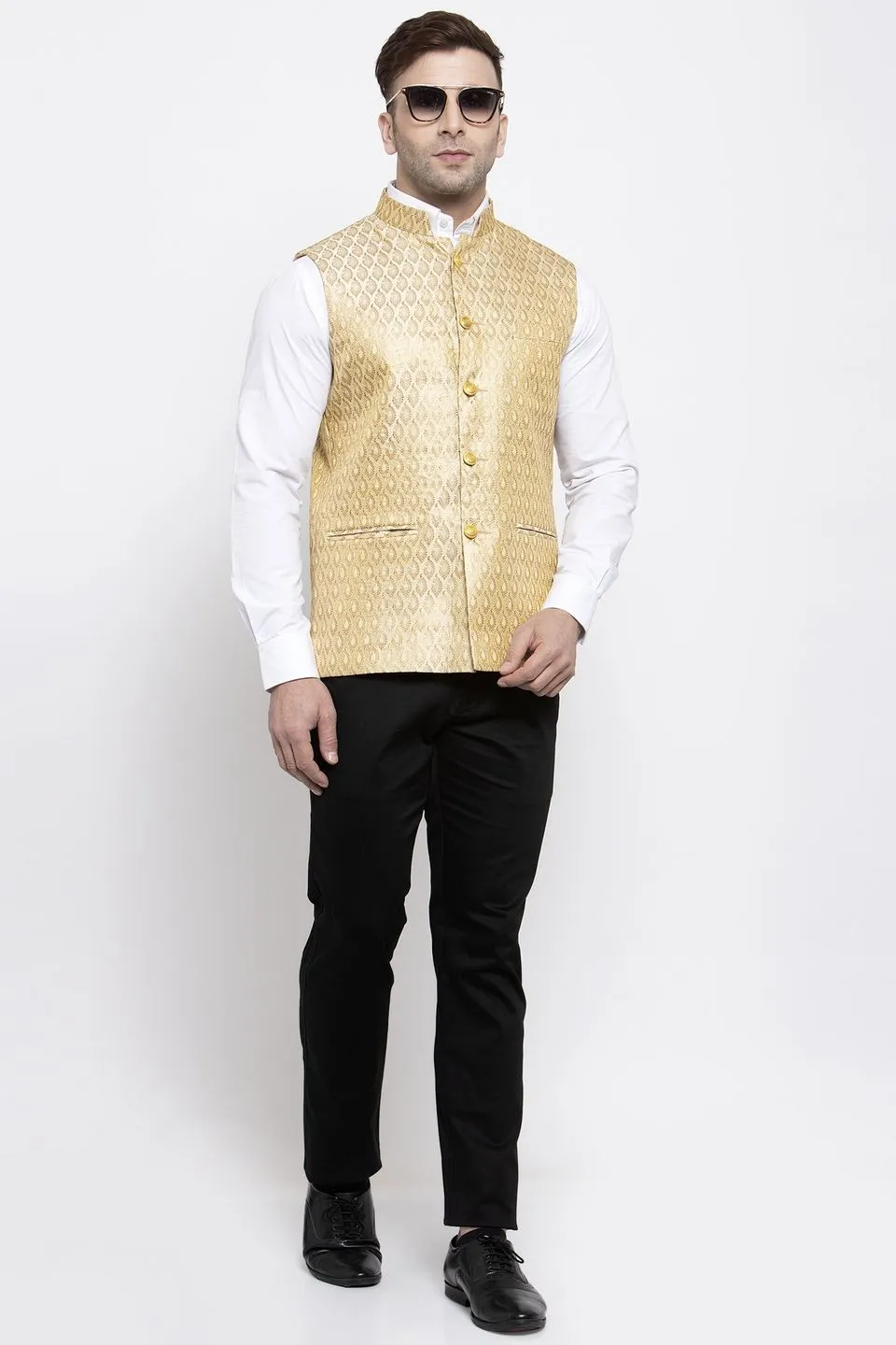 Banarasi Rayon Cotton Beige Modi Nehru Jacket