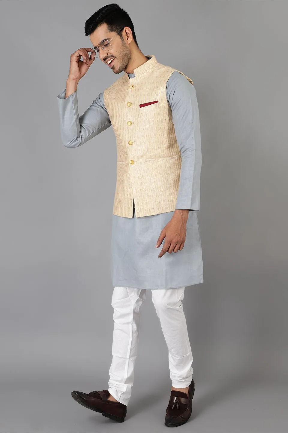 Banarasi Rayon Cotton Beige Modi Nehru Jacket