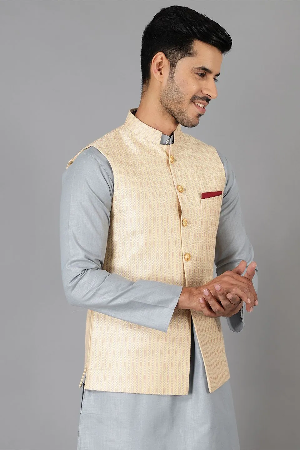 Banarasi Rayon Cotton Beige Modi Nehru Jacket