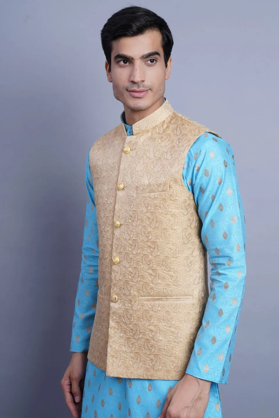 Banarasi Rayon Cotton Beige Modi Nehru Jacket