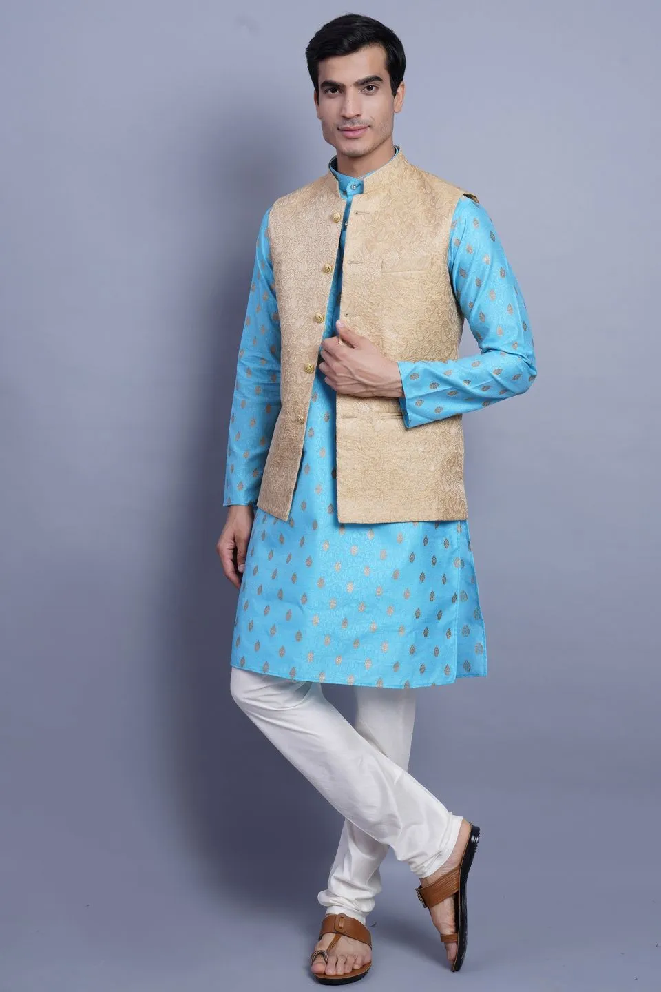 Banarasi Rayon Cotton Beige Modi Nehru Jacket