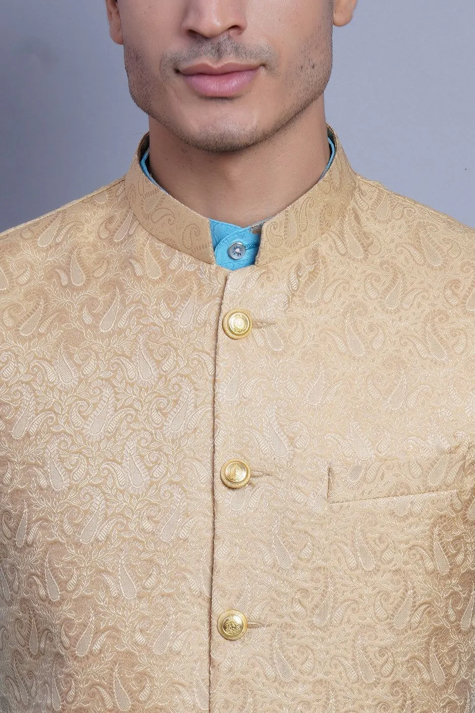 Banarasi Rayon Cotton Beige Modi Nehru Jacket