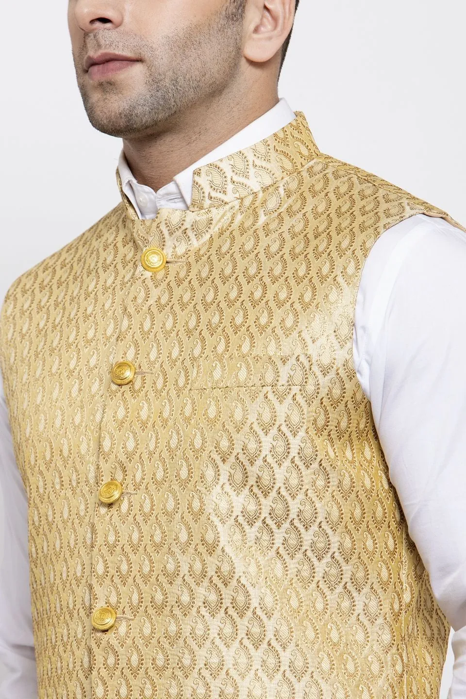 Banarasi Rayon Cotton Beige Modi Nehru Jacket