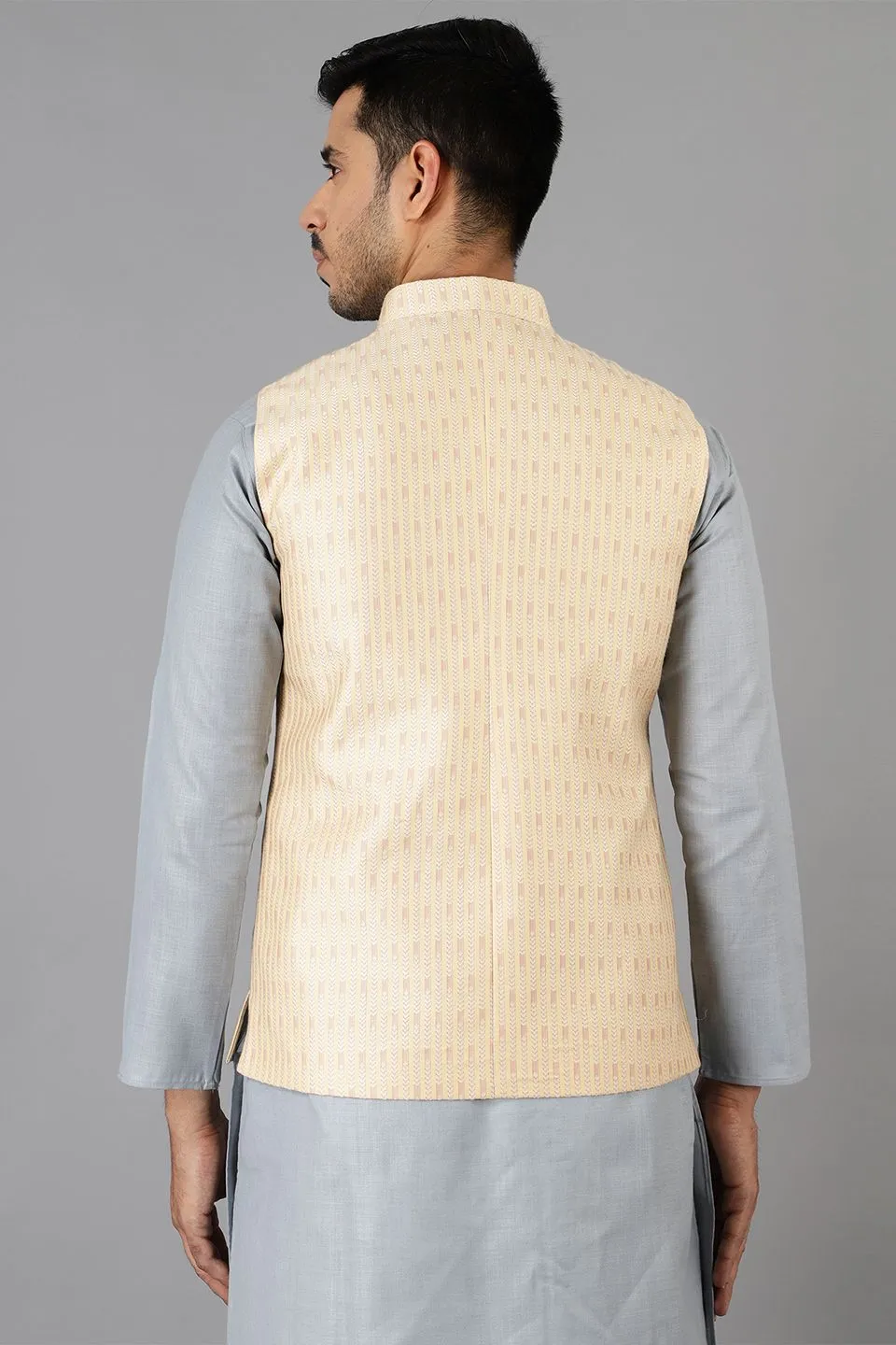 Banarasi Rayon Cotton Beige Modi Nehru Jacket