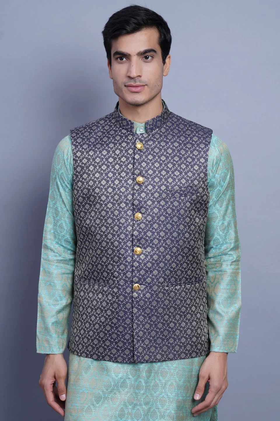 Banarasi Rayon Cotton Black Modi Nehru Jacket