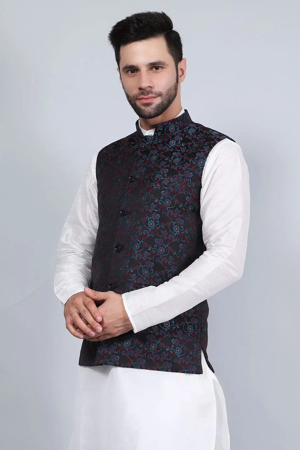 Banarasi Rayon Cotton Black Modi Nehru Jacket