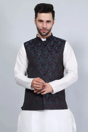 Banarasi Rayon Cotton Black Modi Nehru Jacket