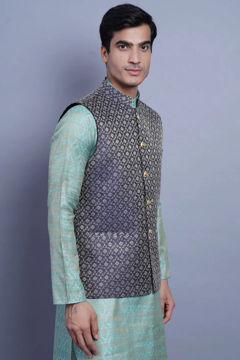 Banarasi Rayon Cotton Black Modi Nehru Jacket