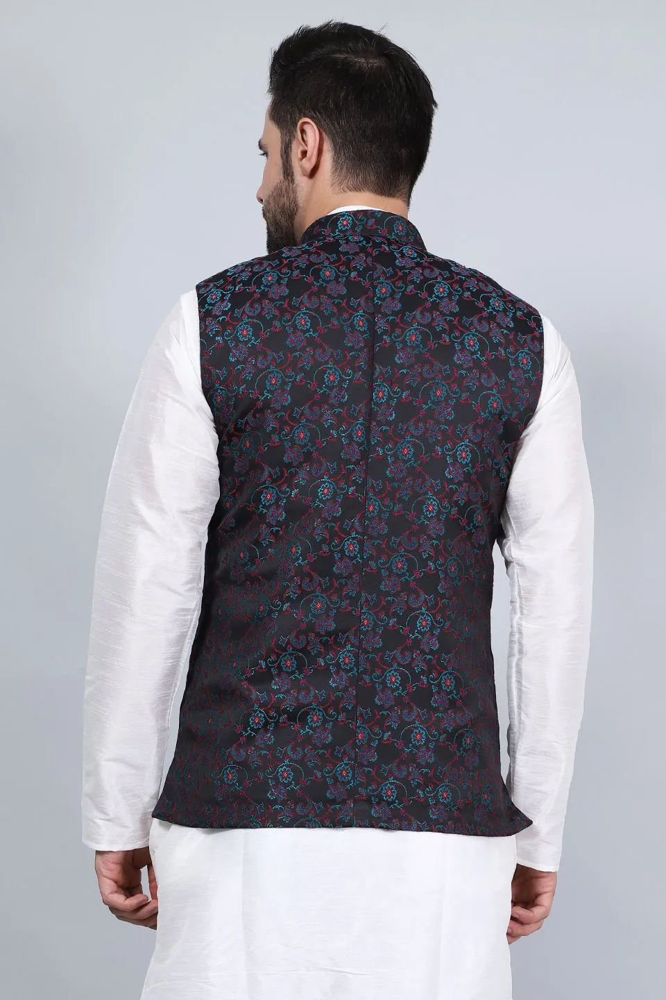 Banarasi Rayon Cotton Black Modi Nehru Jacket