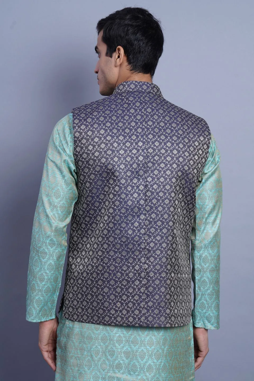 Banarasi Rayon Cotton Black Modi Nehru Jacket