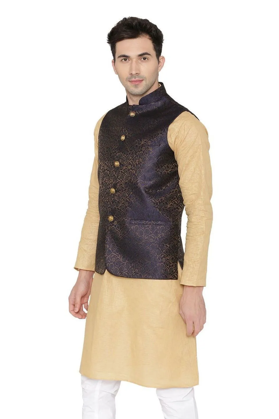 Banarasi Rayon Cotton Black Modi Nehru Jacket