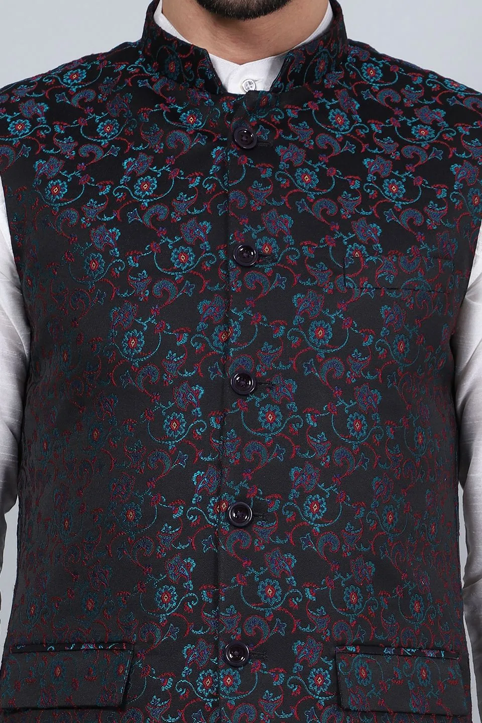 Banarasi Rayon Cotton Black Modi Nehru Jacket