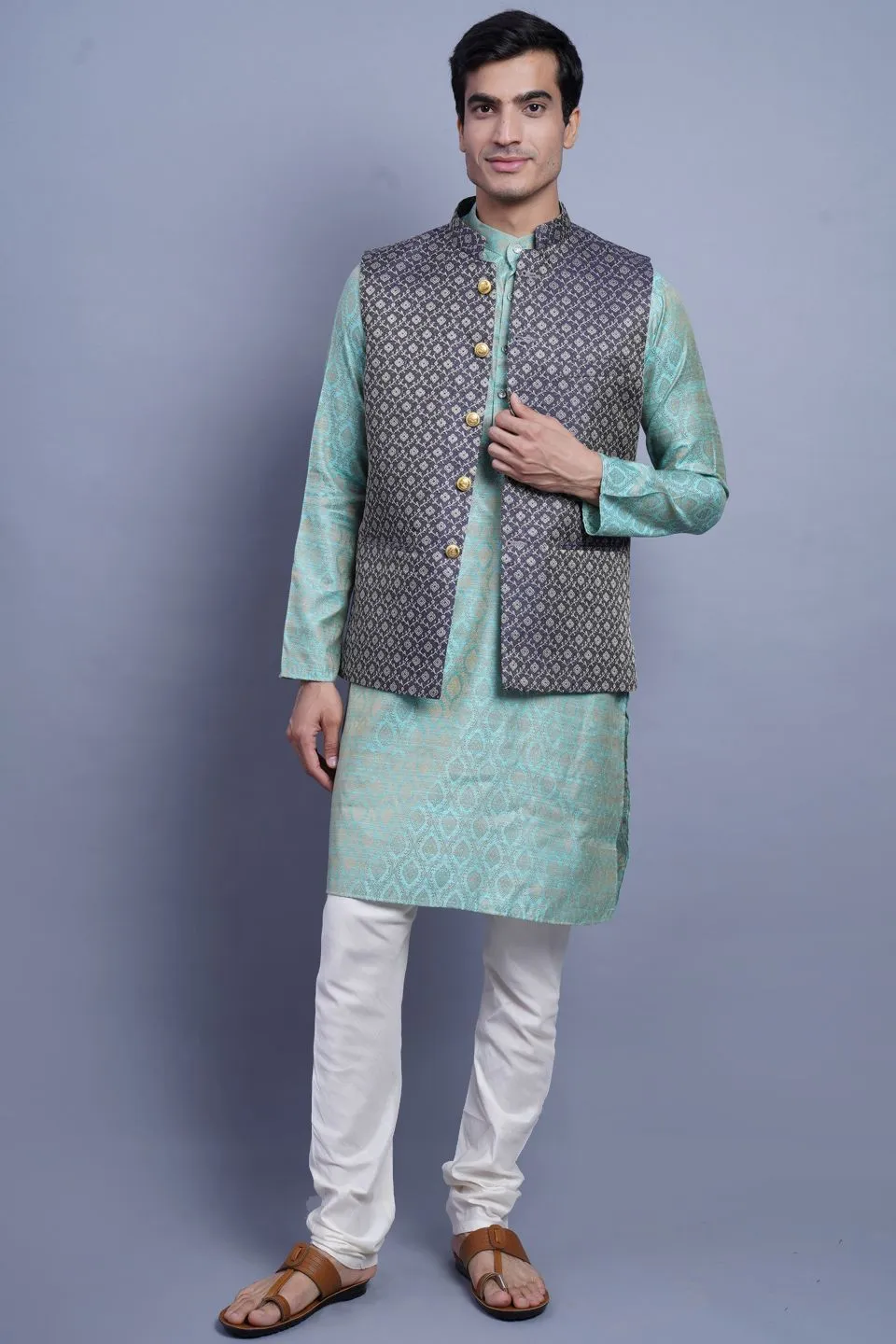 Banarasi Rayon Cotton Black Modi Nehru Jacket