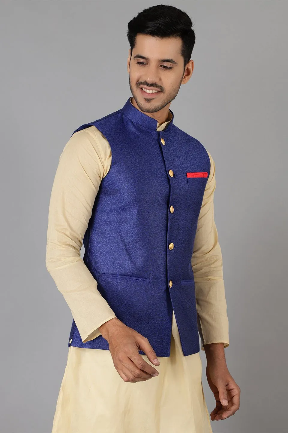 Banarasi Rayon Cotton Blue Modi Nehru Jacket