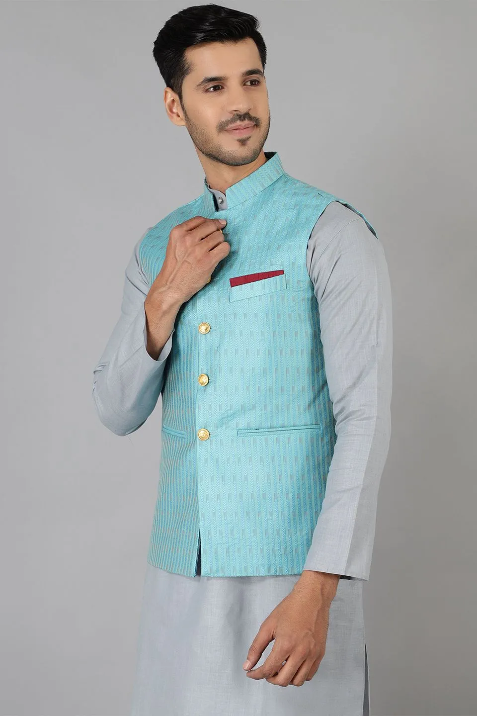 Banarasi Rayon Cotton Blue Modi Nehru Jacket