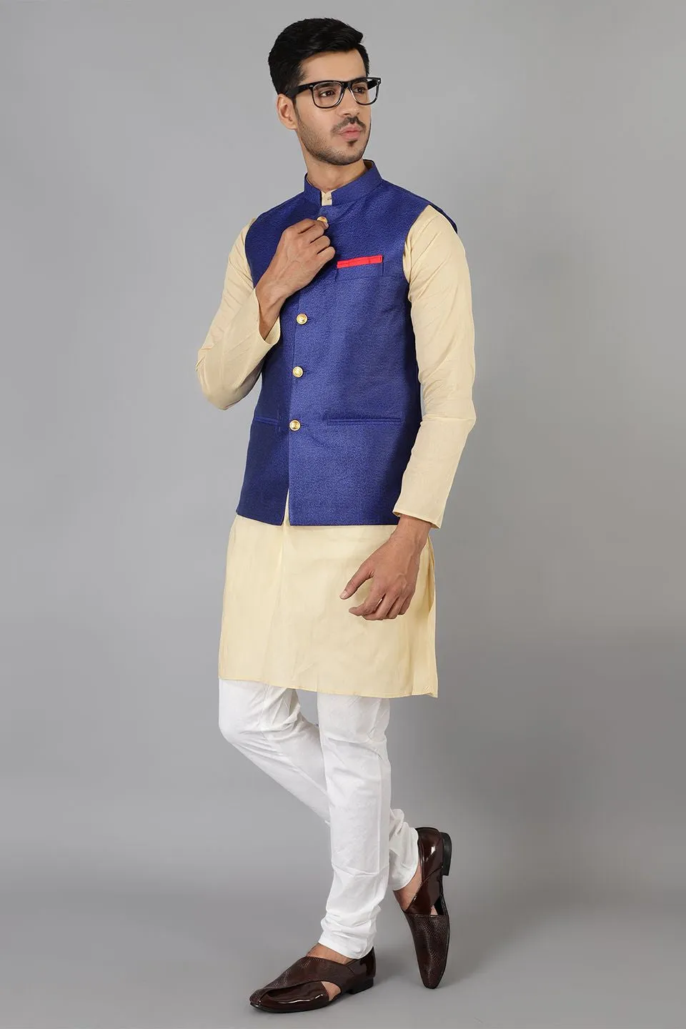 Banarasi Rayon Cotton Blue Modi Nehru Jacket