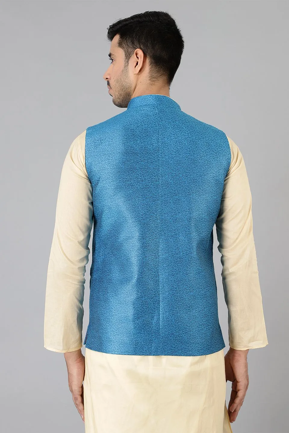 Banarasi Rayon Cotton Blue Modi Nehru Jacket