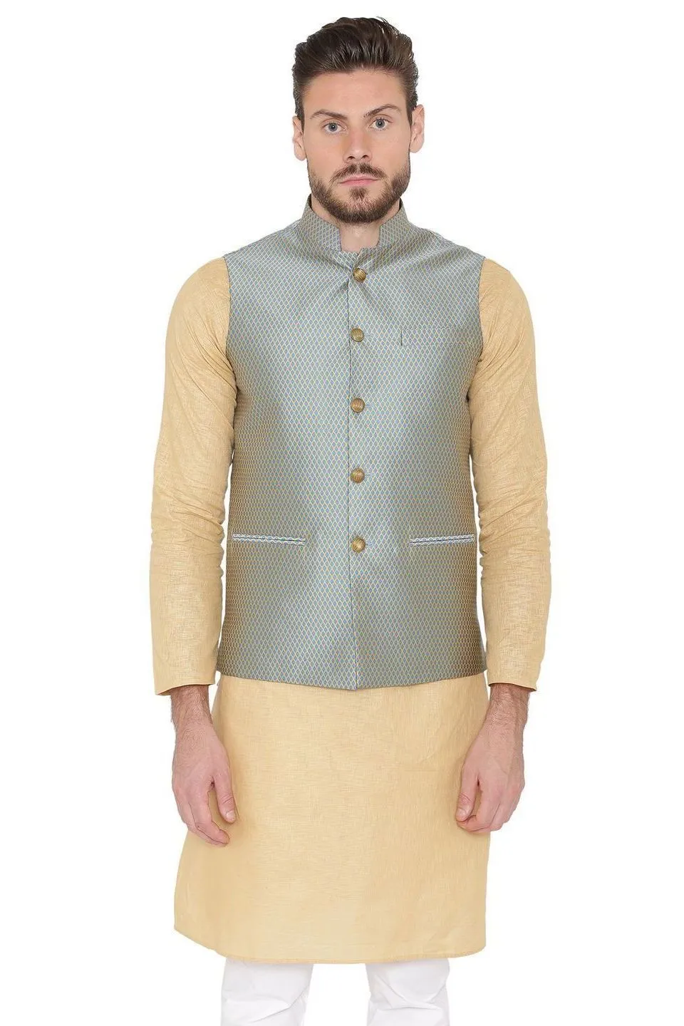 Banarasi Rayon Cotton Blue Modi Nehru Jacket