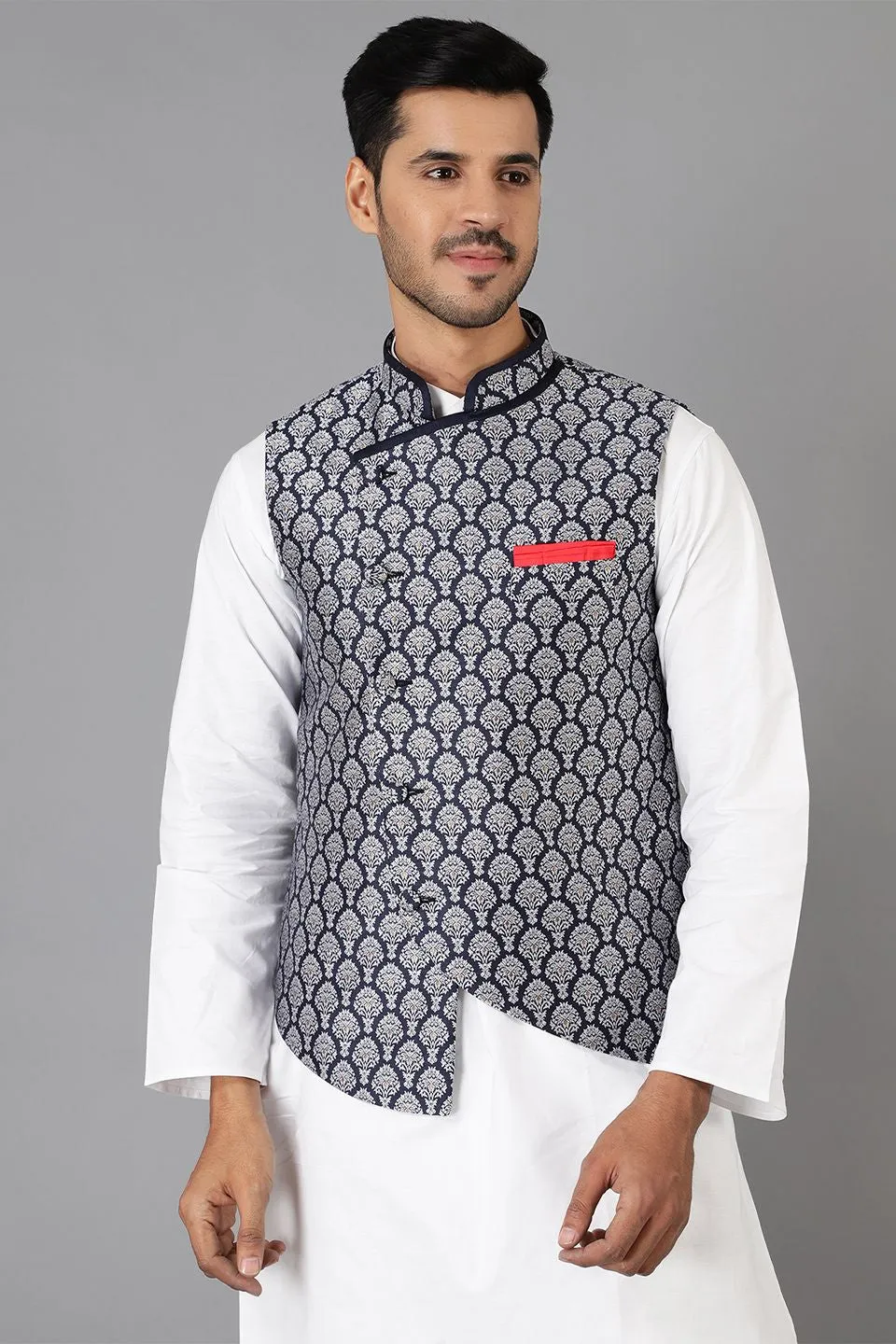 Banarasi Rayon Cotton Blue Modi Nehru Jacket