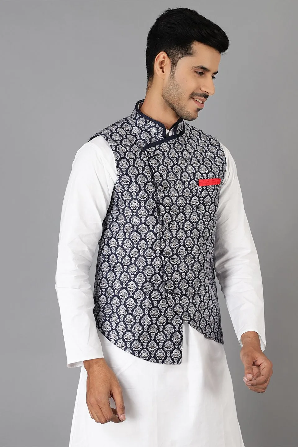 Banarasi Rayon Cotton Blue Modi Nehru Jacket