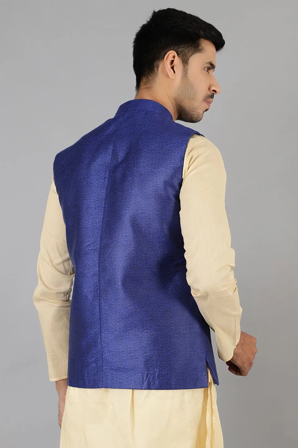 Banarasi Rayon Cotton Blue Modi Nehru Jacket