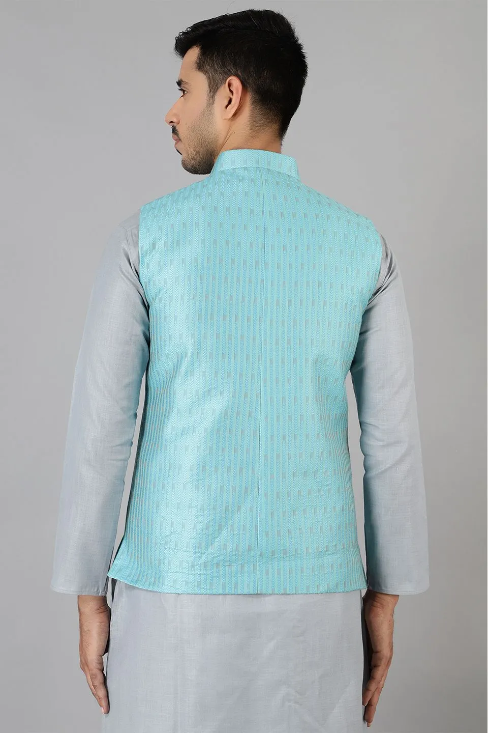 Banarasi Rayon Cotton Blue Modi Nehru Jacket