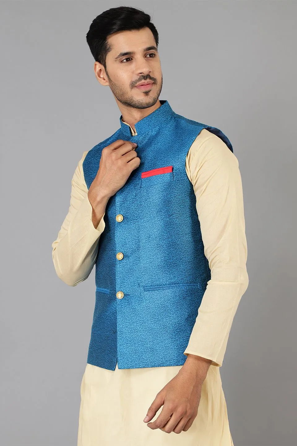 Banarasi Rayon Cotton Blue Modi Nehru Jacket