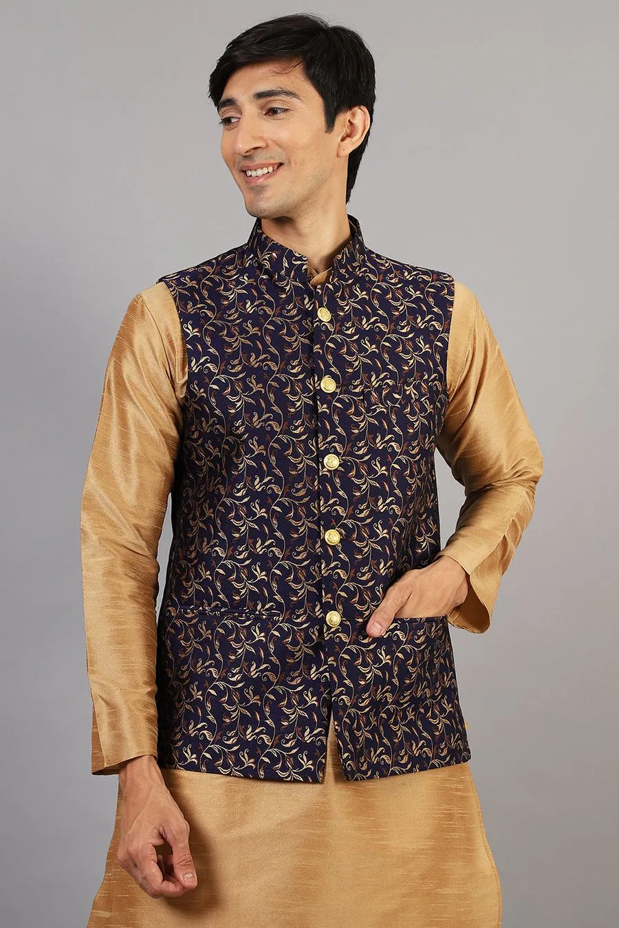 Banarasi Rayon Cotton Blue Modi Nehru Jacket