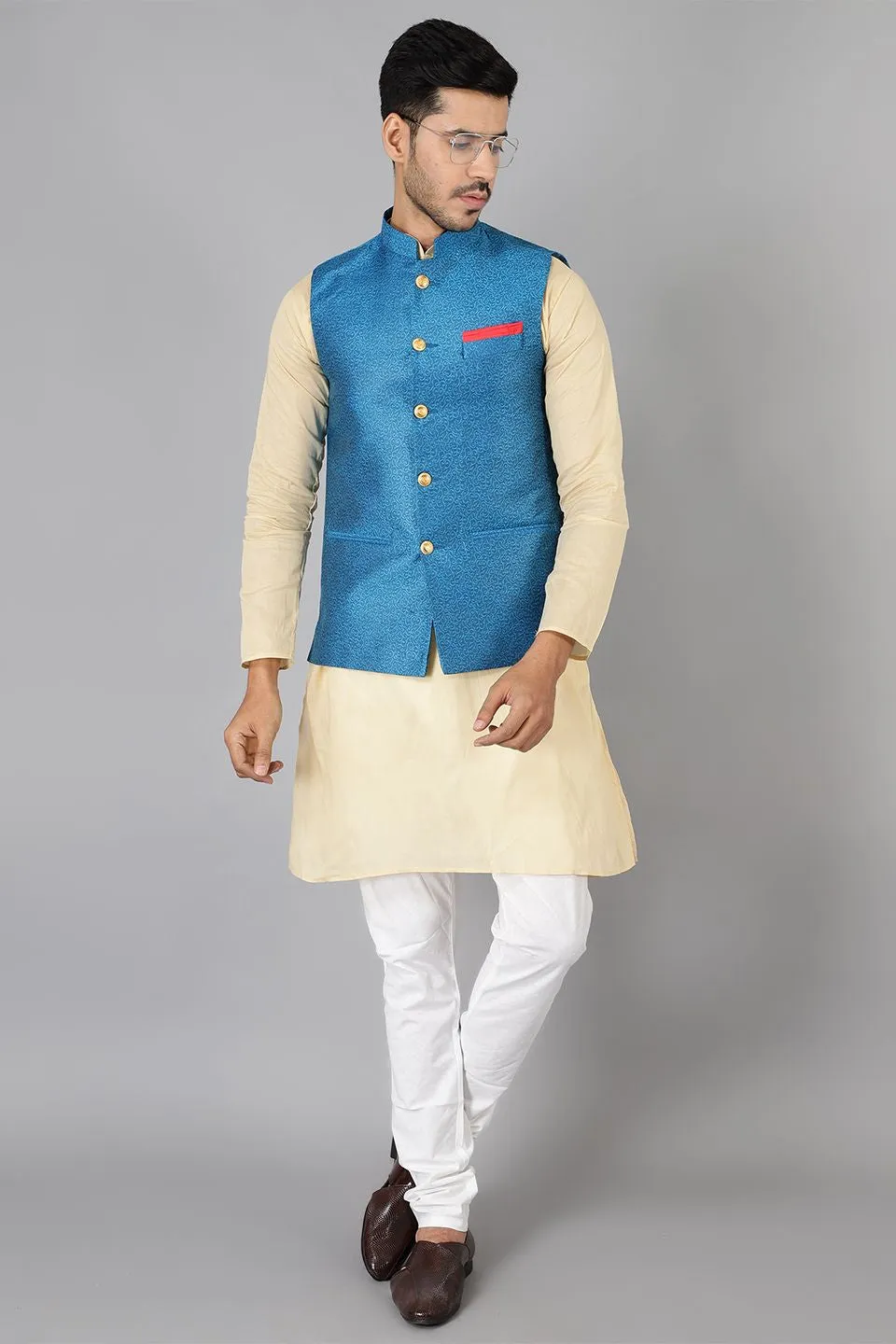 Banarasi Rayon Cotton Blue Modi Nehru Jacket