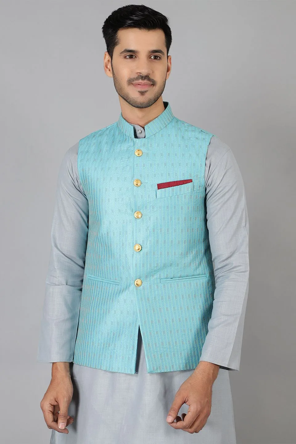 Banarasi Rayon Cotton Blue Modi Nehru Jacket