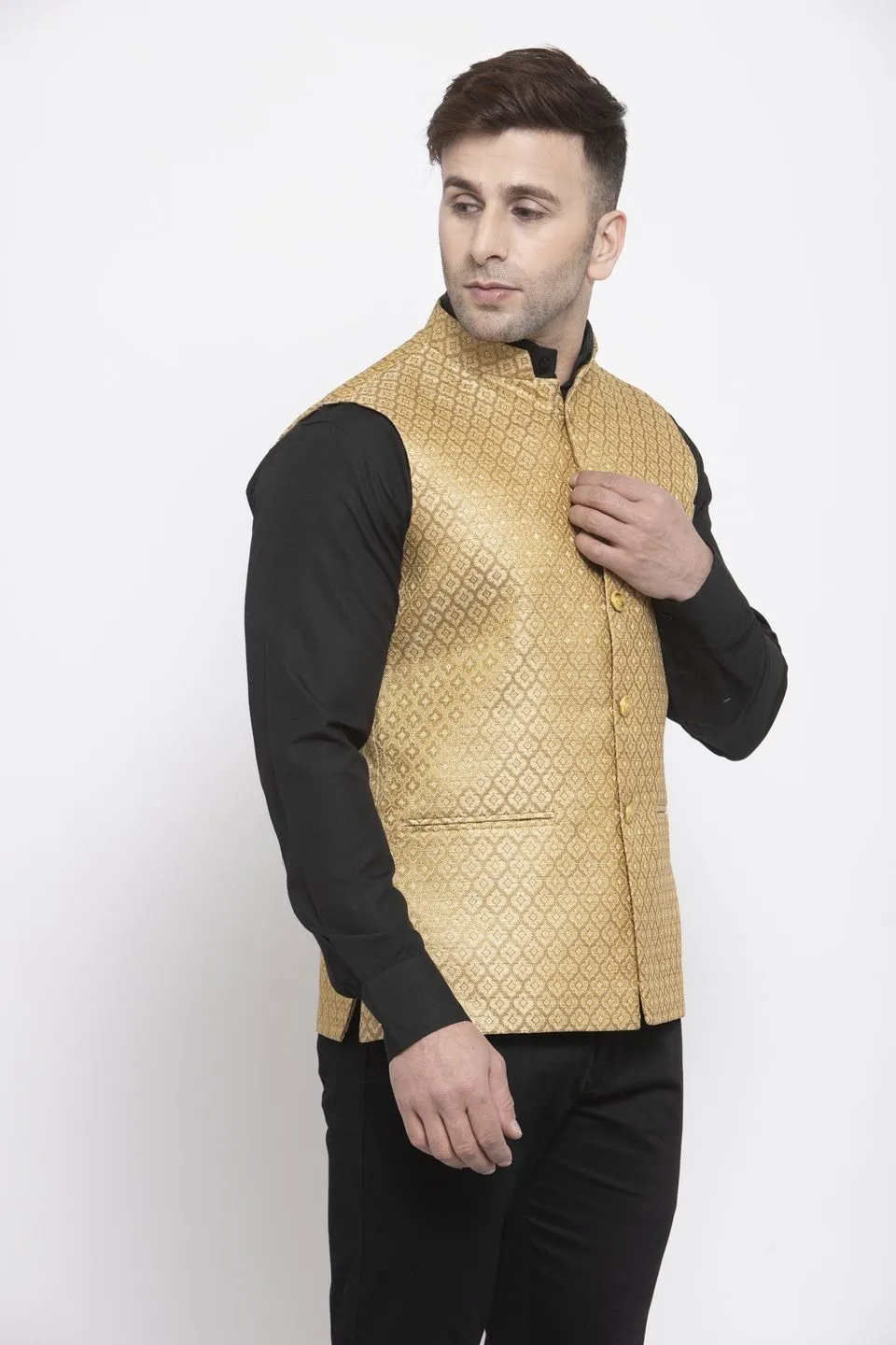 Banarasi Rayon Cotton Gold Modi Nehru Jacket