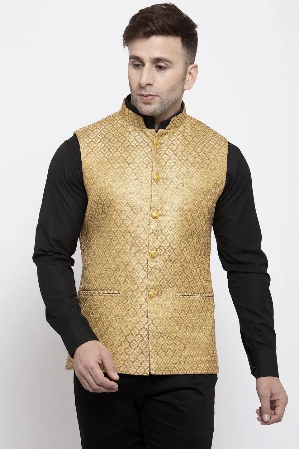 Banarasi Rayon Cotton Gold Modi Nehru Jacket