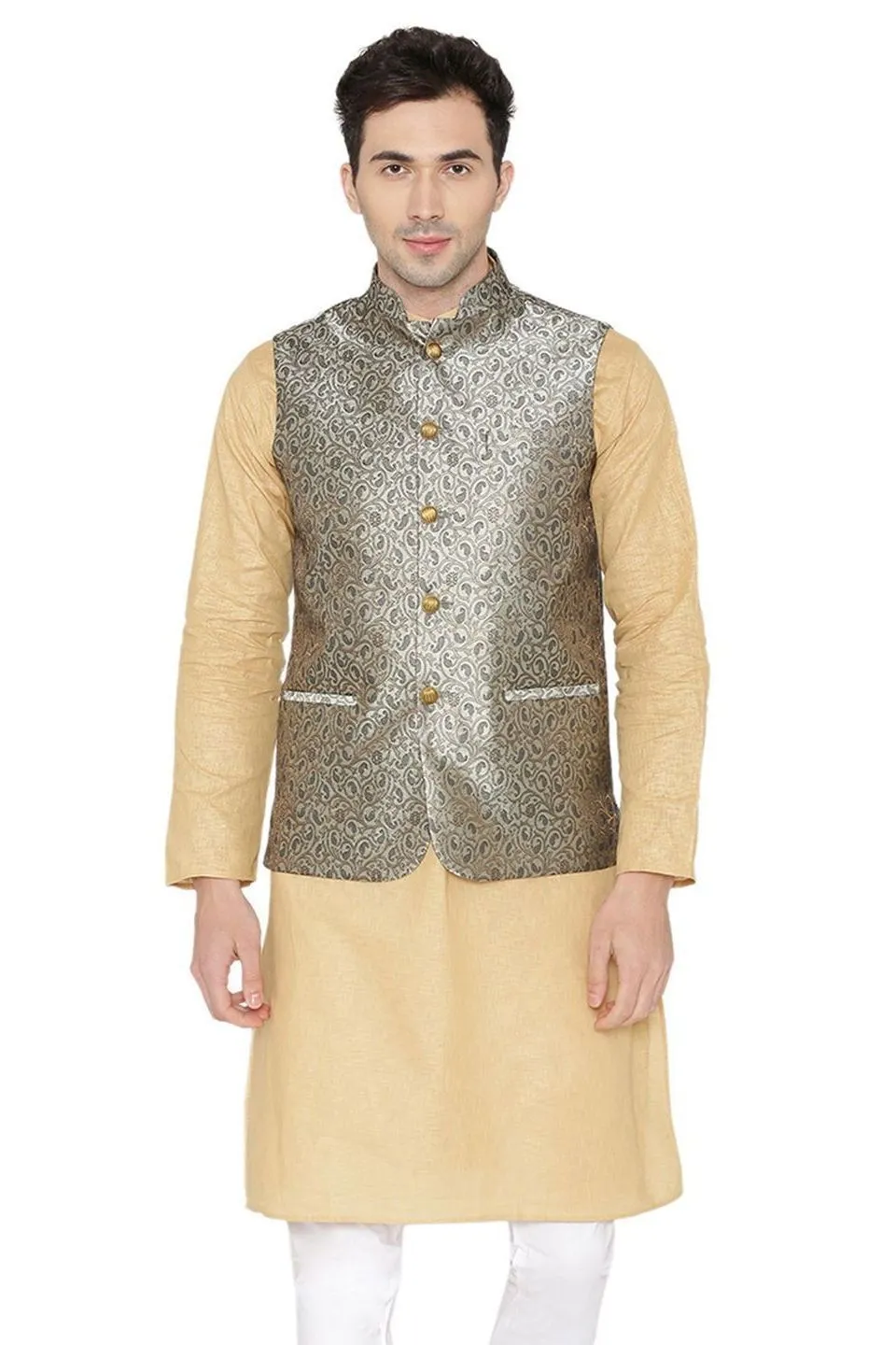 Banarasi Rayon Cotton Gray Modi Nehru Jacket