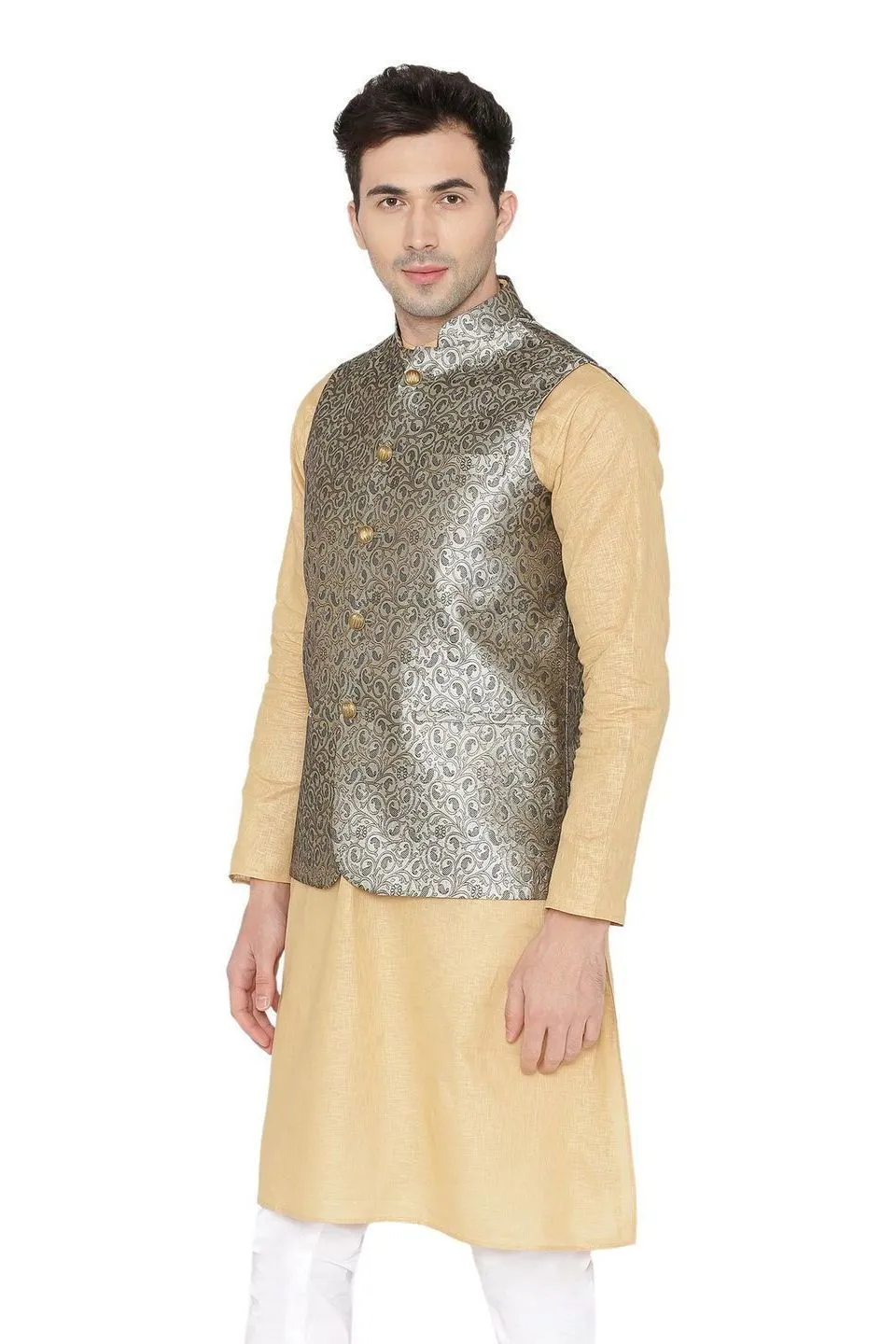 Banarasi Rayon Cotton Gray Modi Nehru Jacket