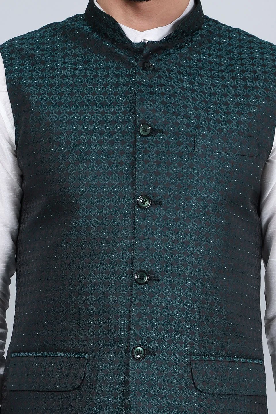 Banarasi Rayon Cotton Green Modi Nehru Jacket