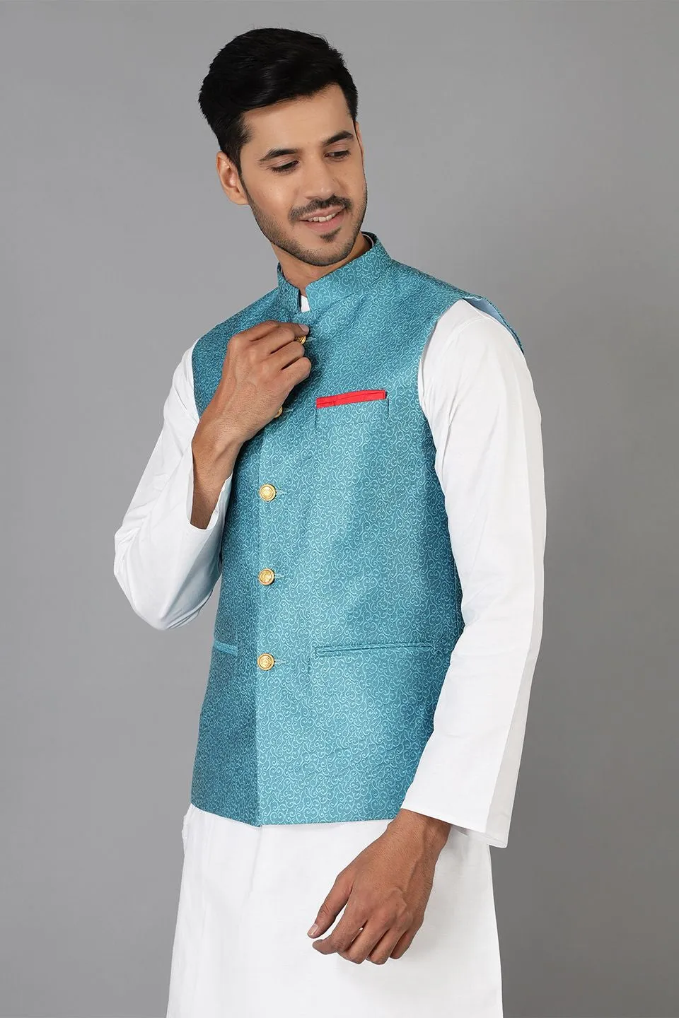 Banarasi Rayon Cotton Green Modi Nehru Jacket