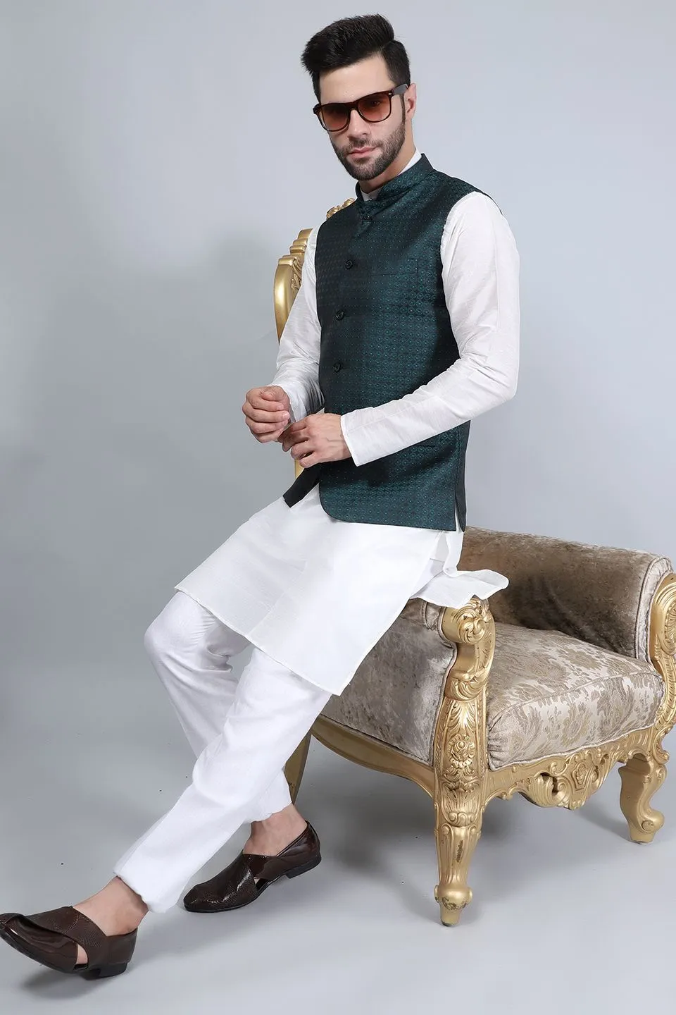 Banarasi Rayon Cotton Green Modi Nehru Jacket