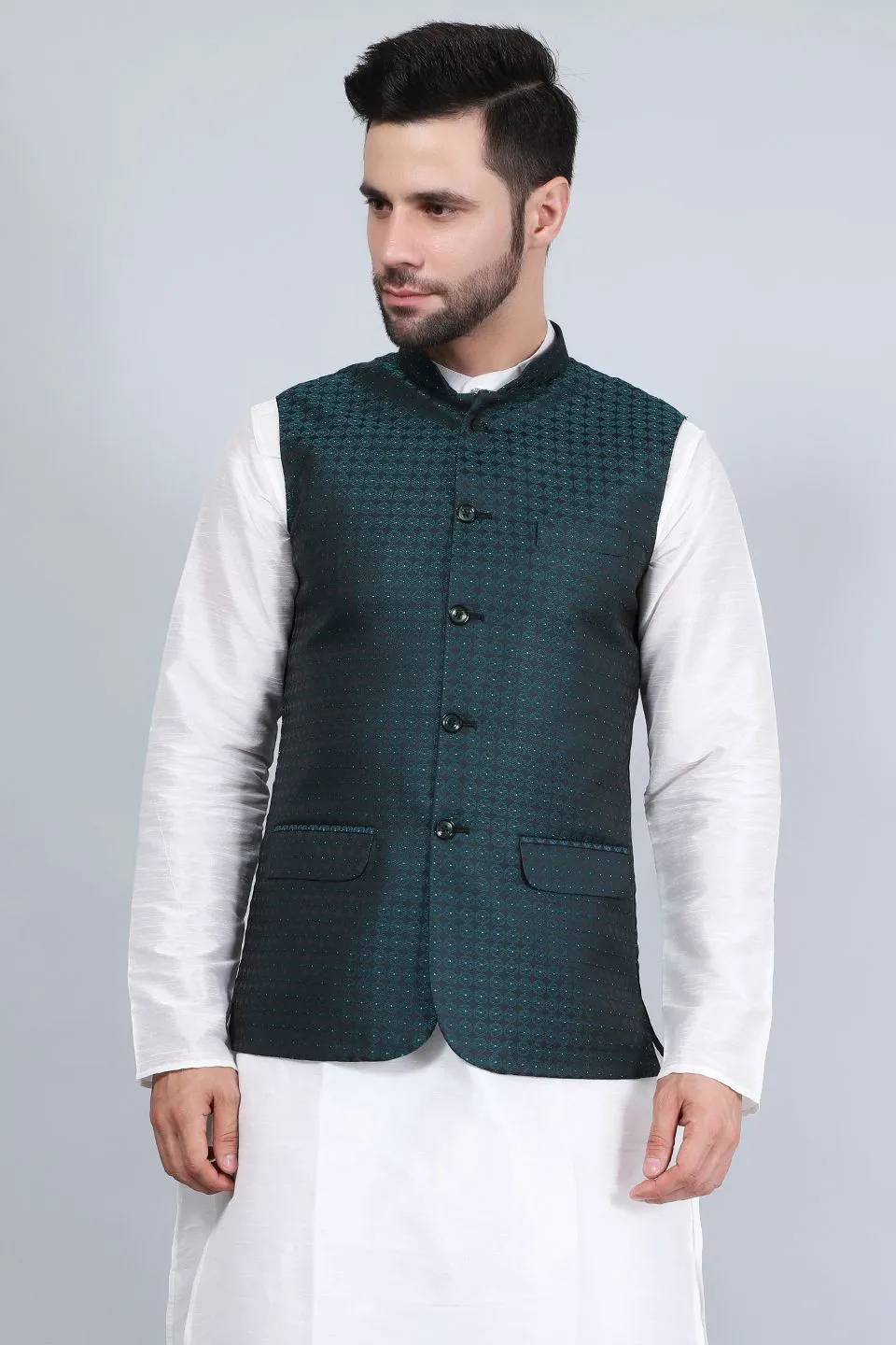 Banarasi Rayon Cotton Green Modi Nehru Jacket